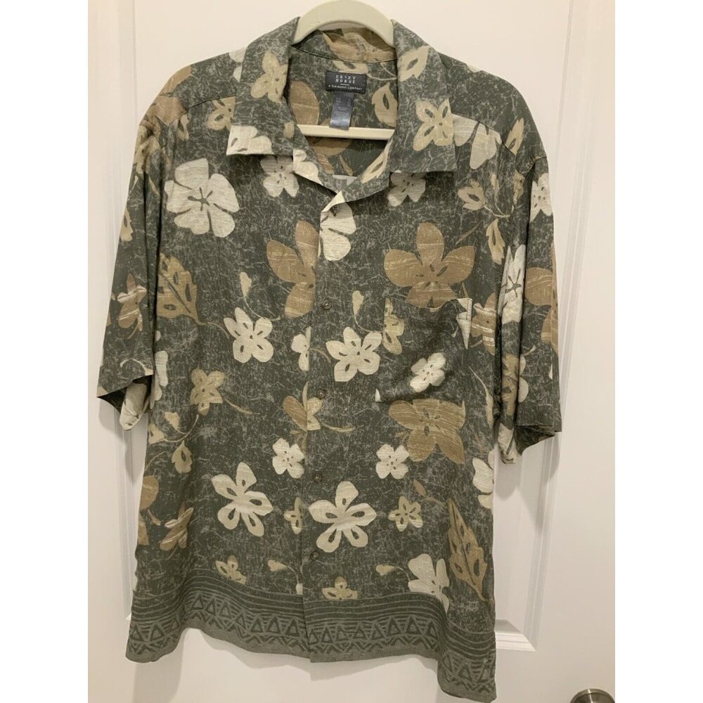 Crazy Horse Shirt XL  Mens Button S/S Green Tan Floral Vacation Hawiaan